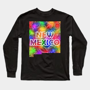 Colorful mandala art map of New Mexico with text in multicolor pattern Long Sleeve T-Shirt